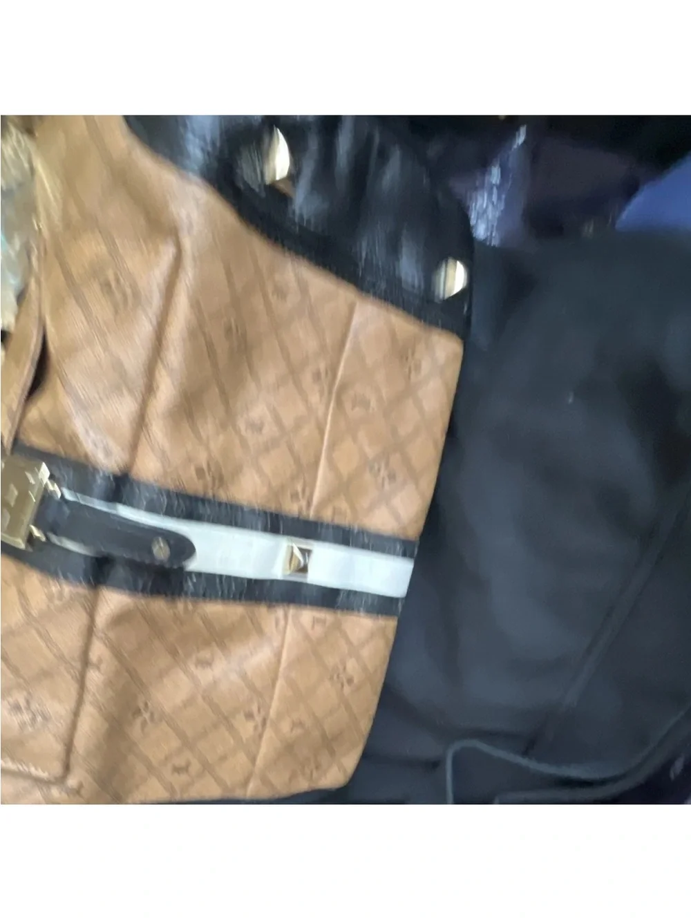 L.A.M.B. Brown Black Logo Stripe Satchel Top Handle Zip Buckle Gold Charm